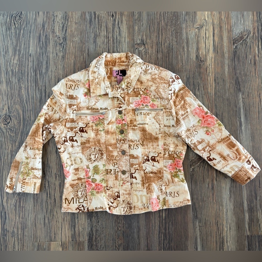 Vtg JL New York Travel Destination Jacket Womens 12 Rhinestones Snap Front Paris